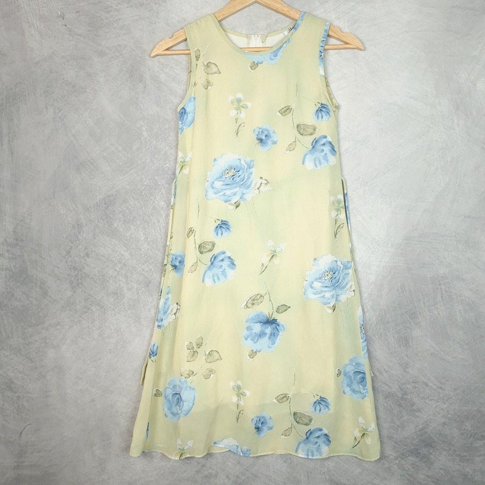 Vintage Y2K Dress Girls 10 Green Blue Floral Chiffon Midi Lined Tie Back Fairy